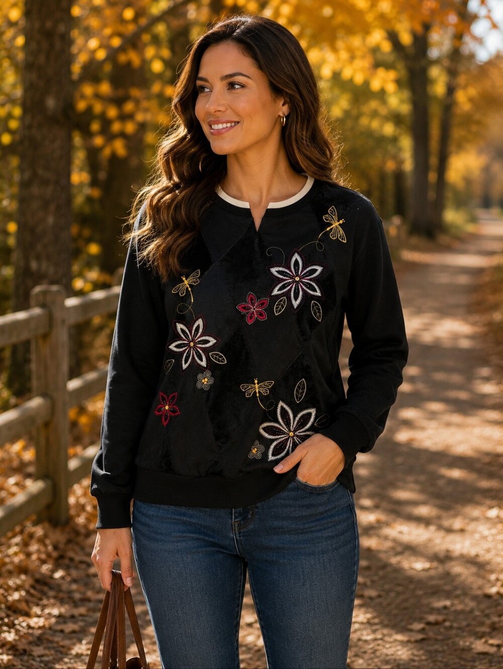 Alfred Dunner Black Crewneck Sweater with Embroidered Floral & Dragonfly Accents